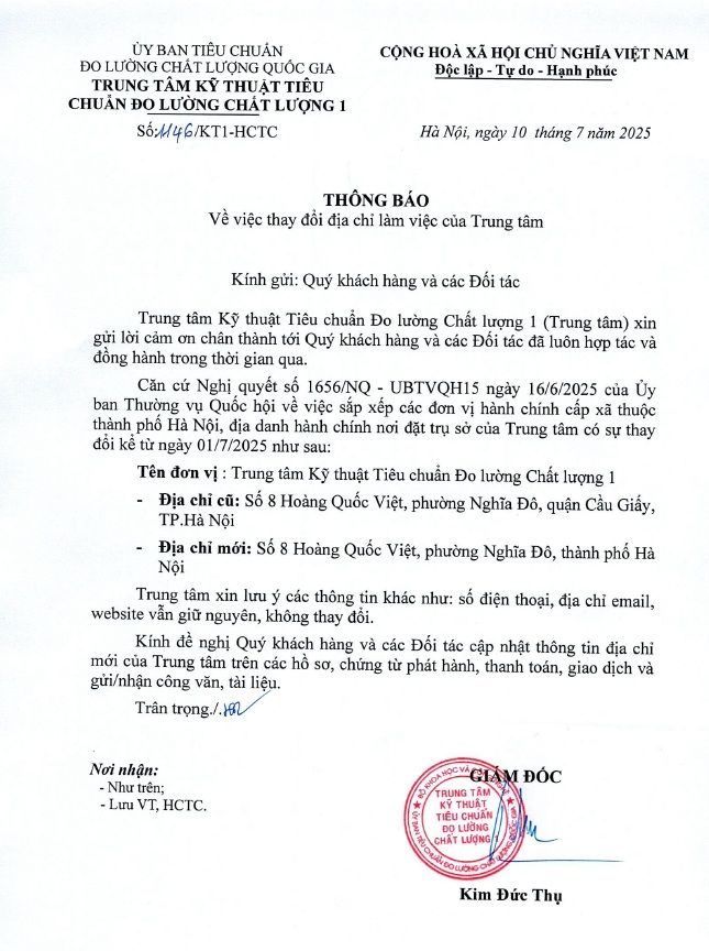 Thay đổi địa chỉ Trụ sở làm việc của Trung tâm Kỹ thuật Tiêu chuẩn Đo lường Chất lượng 1